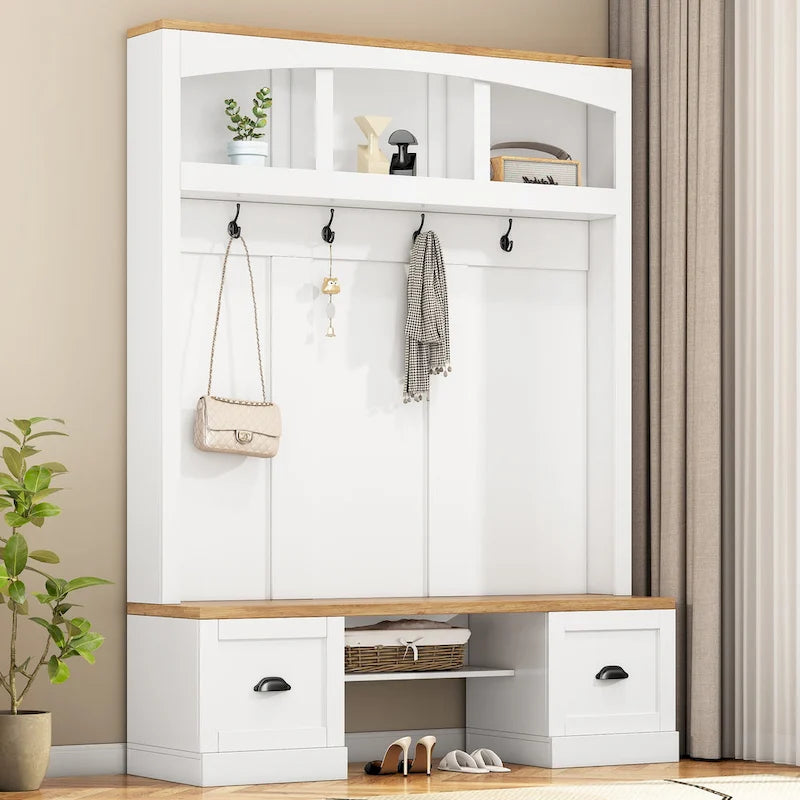 Farmhouse Hall Tree with Wood Grain Bench, Hooks and Bottom Cabinets
