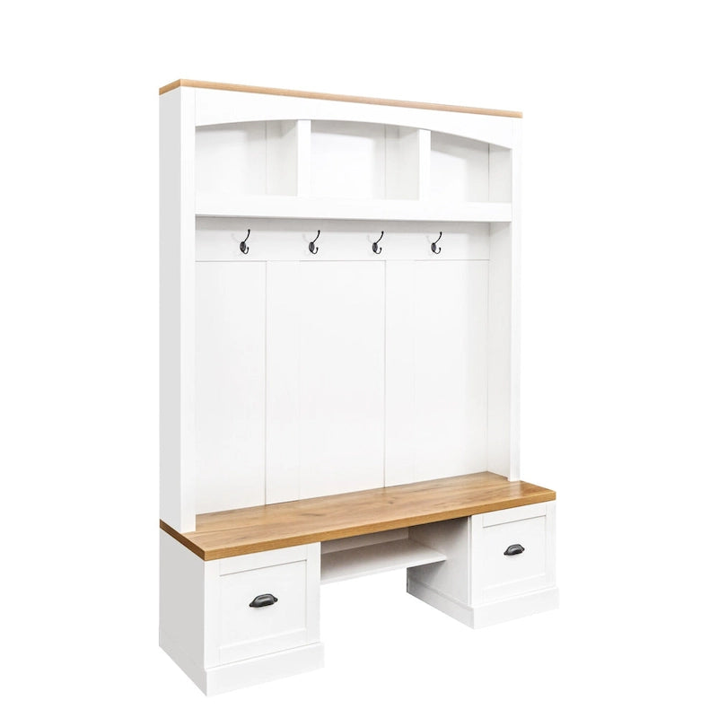Meuble d'entrée de style ferme avec banc aspect grain de bois, patères et placards bas