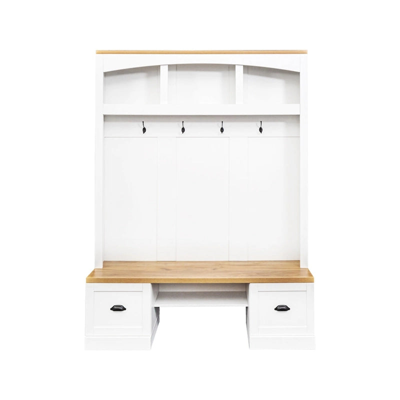 Meuble d'entrée de style ferme avec banc aspect grain de bois, patères et placards bas