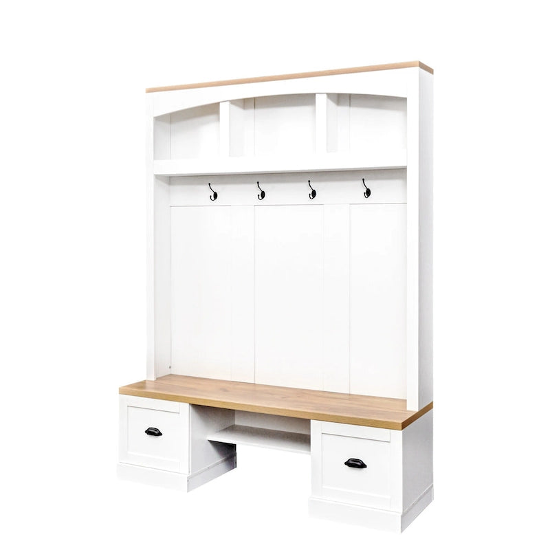 Meuble d'entrée de style ferme avec banc aspect grain de bois, patères et placards bas