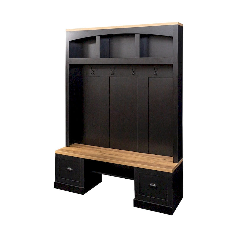 Meuble d'entrée de style ferme avec banc aspect grain de bois, patères et placards bas