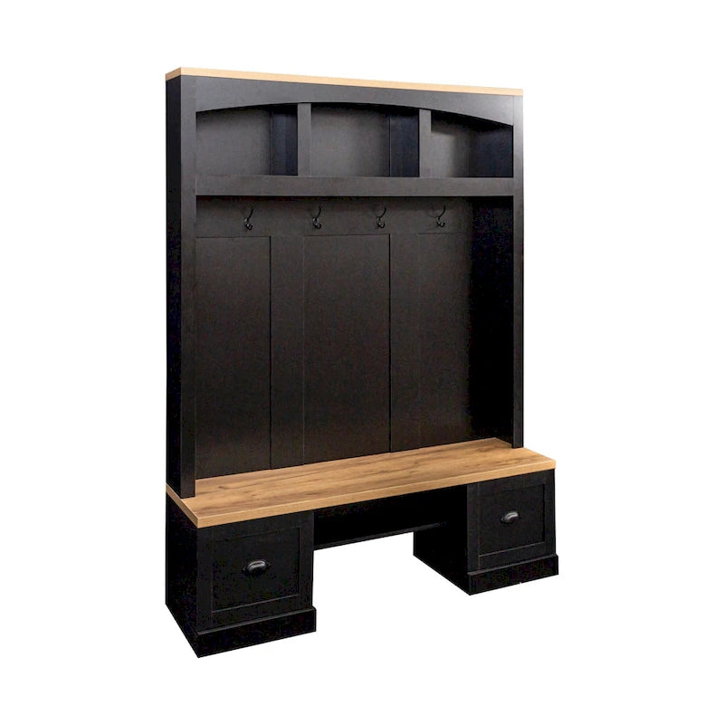 Meuble d'entrée de style ferme avec banc aspect grain de bois, patères et placards bas