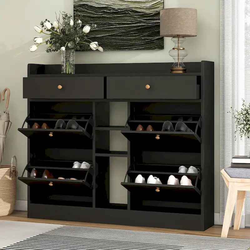 Meuble à chaussures moderne avec 4 tiroirs basculants, organiseur de rangement à chaussures multifonctionnel à 2 niveaux avec tiroirs