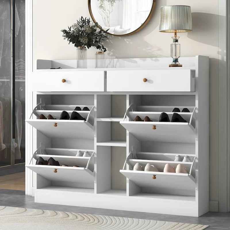 Meuble à chaussures moderne avec 4 tiroirs basculants, organiseur de rangement à chaussures multifonctionnel à 2 niveaux avec tiroirs