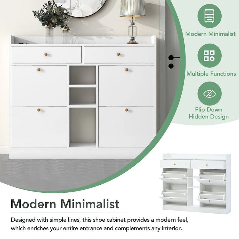 Meuble à chaussures moderne avec 4 tiroirs basculants, organiseur de rangement à chaussures multifonctionnel à 2 niveaux avec tiroirs