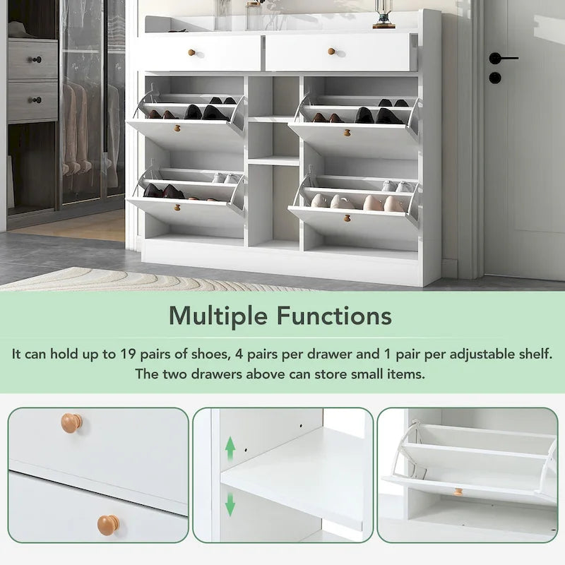 Meuble à chaussures moderne avec 4 tiroirs basculants, organiseur de rangement à chaussures multifonctionnel à 2 niveaux avec tiroirs