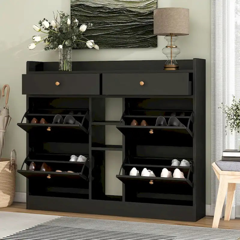 Meuble à chaussures moderne avec 4 tiroirs basculants, organiseur de rangement à chaussures multifonctionnel à 2 niveaux avec tiroirs