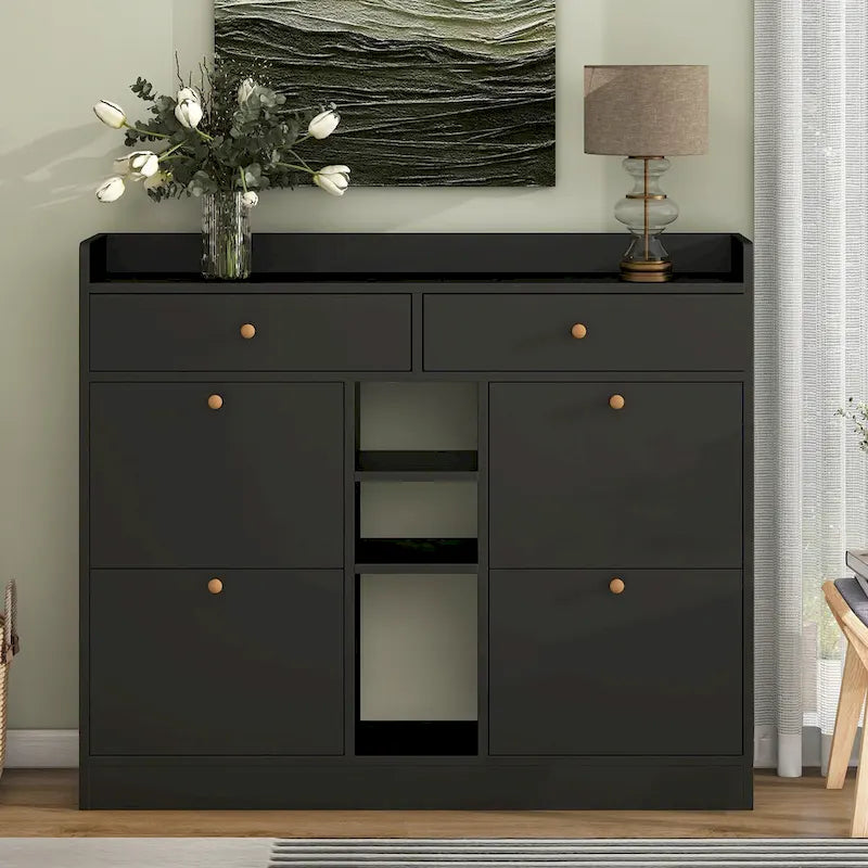 Meuble à chaussures moderne avec 4 tiroirs basculants, organiseur de rangement à chaussures multifonctionnel à 2 niveaux avec tiroirs