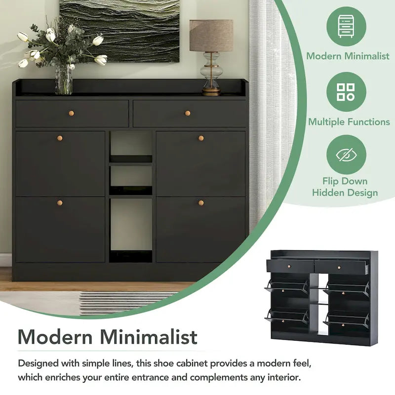 Meuble à chaussures moderne avec 4 tiroirs basculants, organiseur de rangement à chaussures multifonctionnel à 2 niveaux avec tiroirs