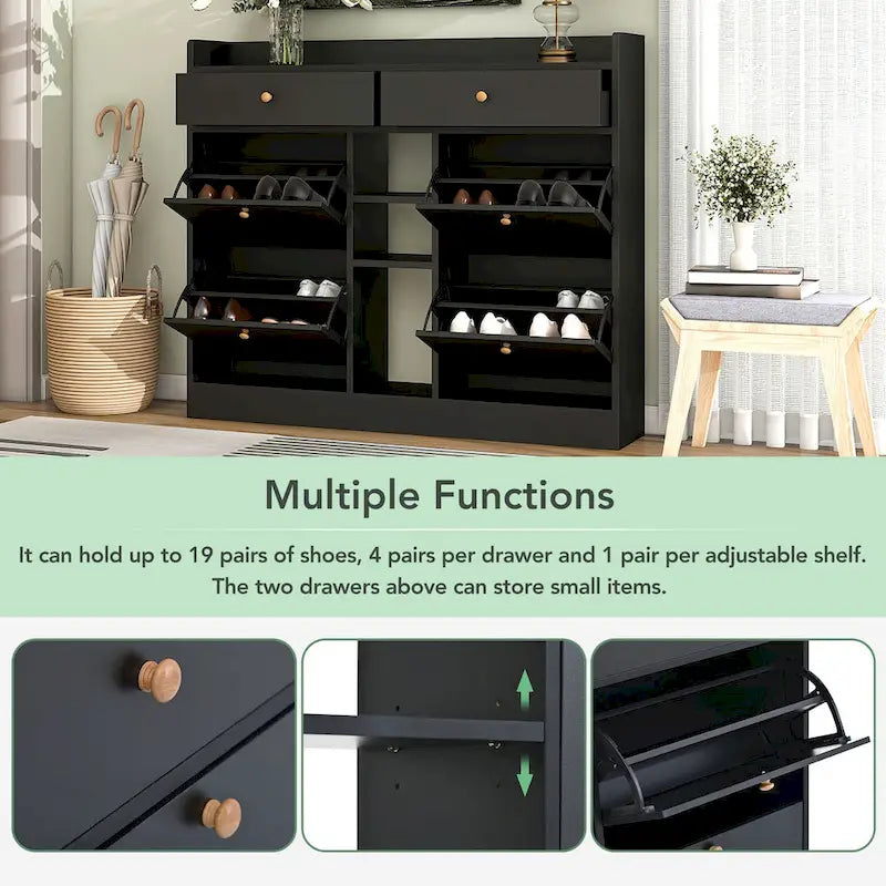 Meuble à chaussures moderne avec 4 tiroirs basculants, organiseur de rangement à chaussures multifonctionnel à 2 niveaux avec tiroirs