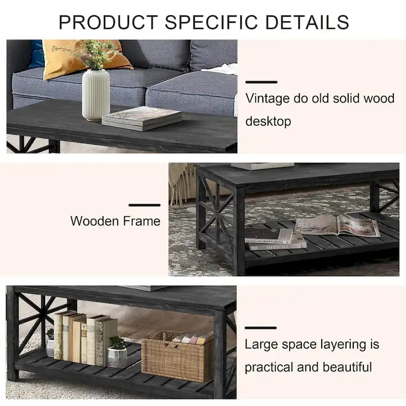 Table basse de ferme moderne de 47 po avec étagère de rangement