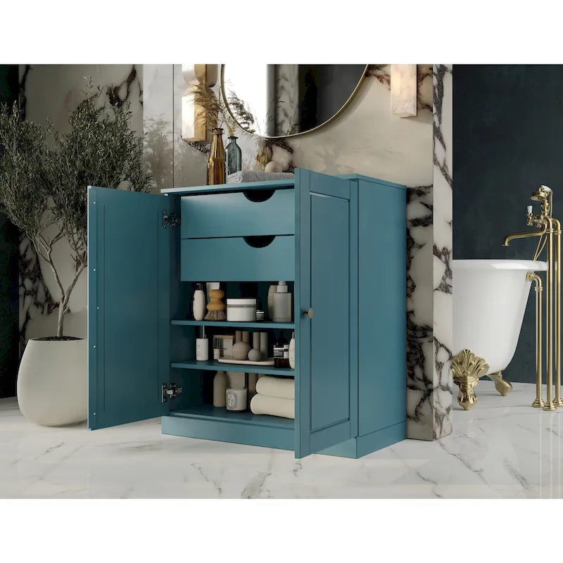 Meuble de salle de bain 100 % bois massif 81 cm avec portes pleines, 2 tiroirs et étagères réglables