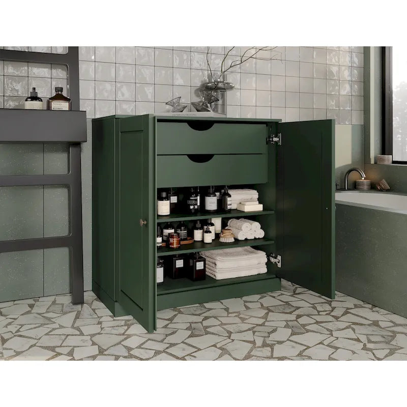 100% Solid Wood 32" Bathroom Cabinet with Solid Doors, 2-Drawers and Adjustable Shelves