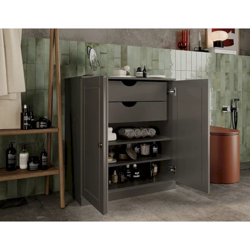 100% Solid Wood 32" Bathroom Cabinet with Solid Doors, 2-Drawers and Adjustable Shelves