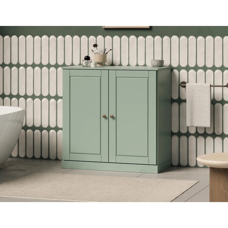 100% Solid Wood 32" Bathroom Cabinet with Solid Doors, 2-Drawers and Adjustable Shelves