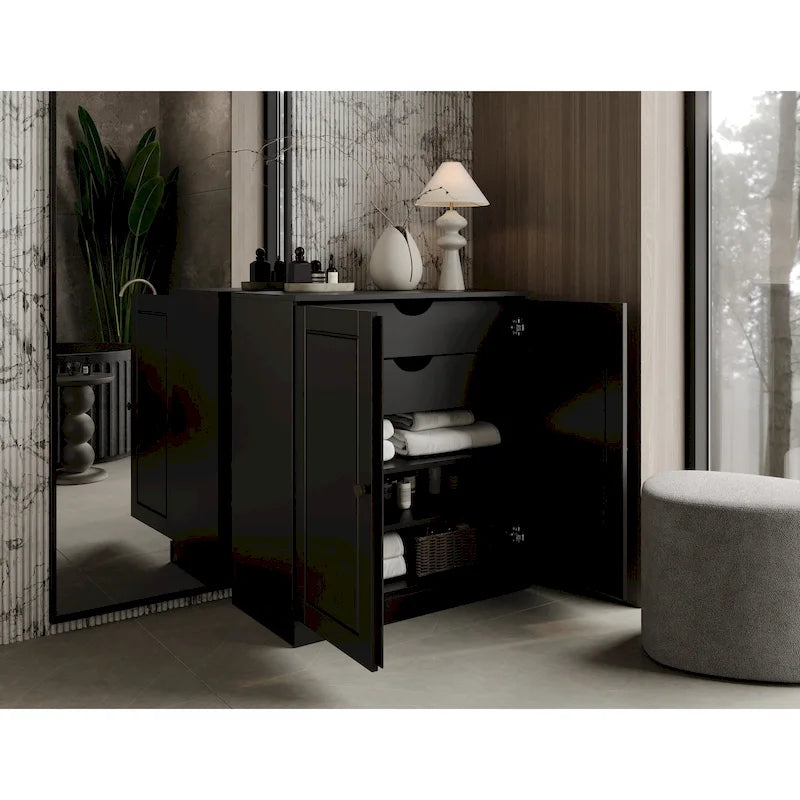 100% Solid Wood 32" Bathroom Cabinet with Solid Doors, 2-Drawers and Adjustable Shelves