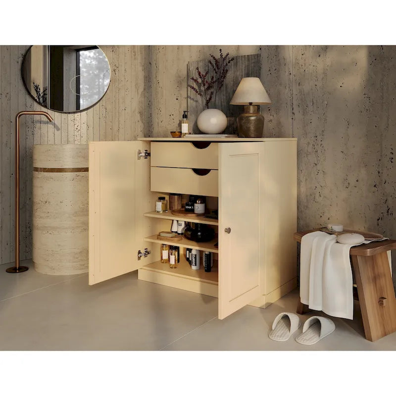 100% Solid Wood 32" Bathroom Cabinet with Solid Doors, 2-Drawers and Adjustable Shelves