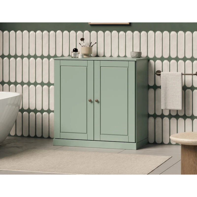 100% Solid Wood 32" Bathroom Cabinet with Solid Doors, 2-Drawers and Adjustable Shelves