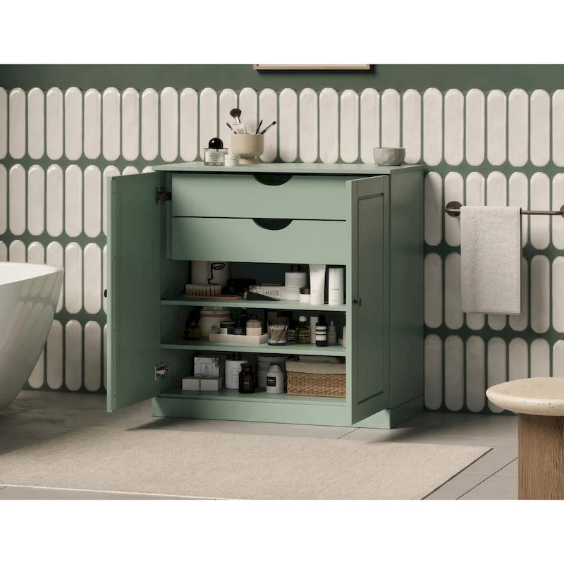 100% Solid Wood 32" Bathroom Cabinet with Solid Doors, 2-Drawers and Adjustable Shelves