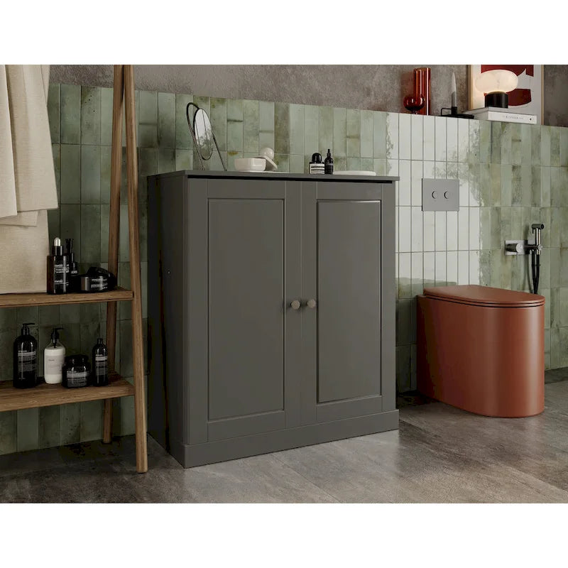 Meuble de salle de bain 100 % bois massif 81 cm avec portes pleines, 2 tiroirs et étagères réglables
