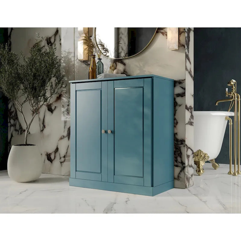 Meuble de salle de bain 100 % bois massif 81 cm avec portes pleines, 2 tiroirs et étagères réglables
