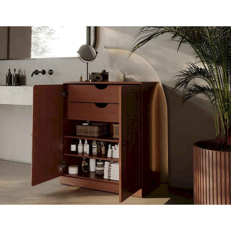Meuble de salle de bain 100 % bois massif 81 cm avec portes pleines, 2 tiroirs et étagères réglables