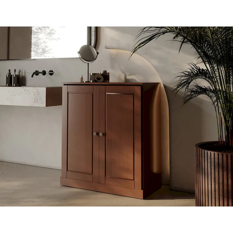 Meuble de salle de bain 100 % bois massif 81 cm avec portes pleines, 2 tiroirs et étagères réglables