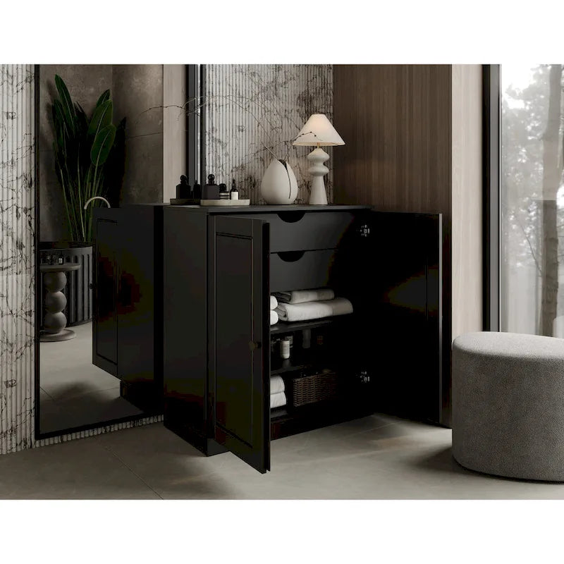 Meuble de salle de bain 100 % bois massif 81 cm avec portes pleines, 2 tiroirs et étagères réglables