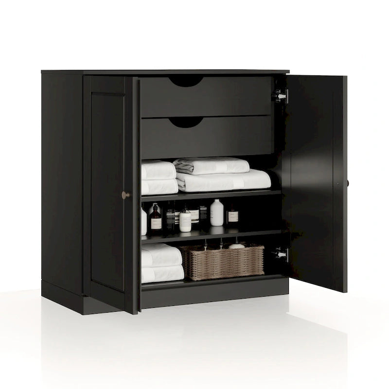 Meuble de salle de bain 100 % bois massif 81 cm avec portes pleines, 2 tiroirs et étagères réglables