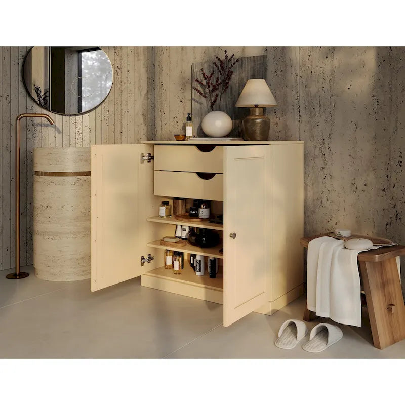 Meuble de salle de bain 100 % bois massif 81 cm avec portes pleines, 2 tiroirs et étagères réglables