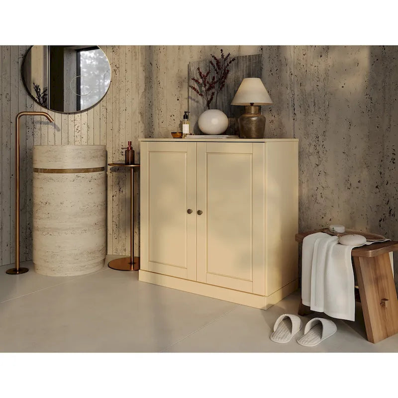 Meuble de salle de bain 100 % bois massif 81 cm avec portes pleines, 2 tiroirs et étagères réglables