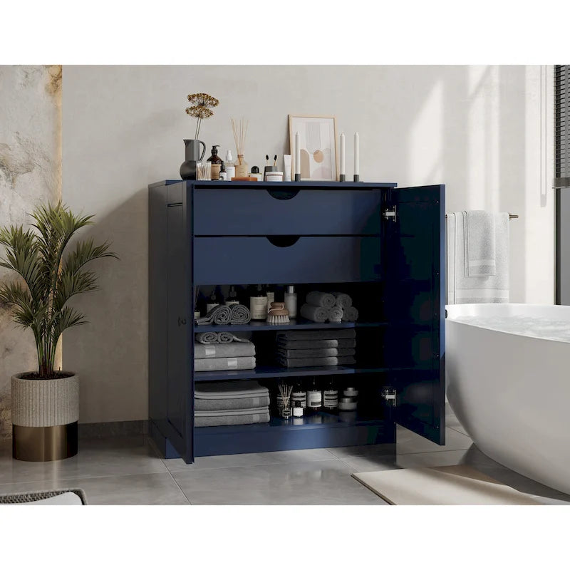 Meuble de salle de bain 100 % bois massif 81 cm avec portes pleines, 2 tiroirs et étagères réglables