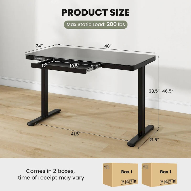 Bureau debout en verre trempé d'une seule pièce 48"x24" avec tiroirs inscriptibles