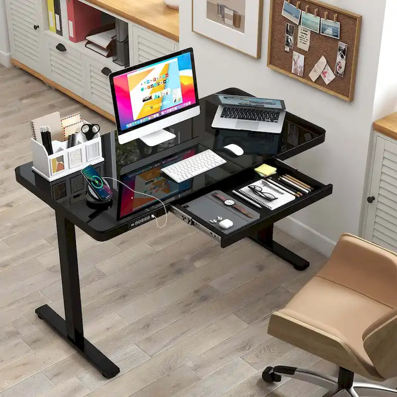 Bureau debout en verre trempé d'une seule pièce 48"x24" avec tiroirs inscriptibles