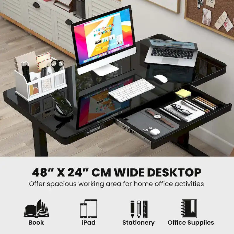 Bureau debout en verre trempé d'une seule pièce 48"x24" avec tiroirs inscriptibles