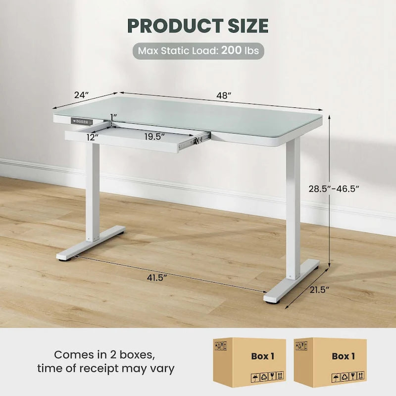 Bureau debout en verre trempé d'une seule pièce 48"x24" avec tiroirs inscriptibles