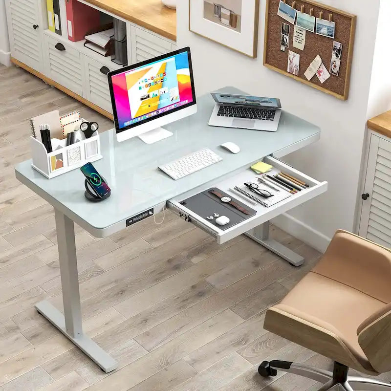 Bureau debout en verre trempé d'une seule pièce 48"x24" avec tiroirs inscriptibles