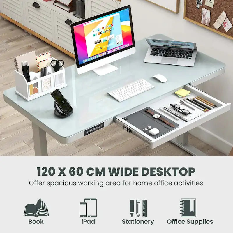 Bureau debout en verre trempé d'une seule pièce 48"x24" avec tiroirs inscriptibles