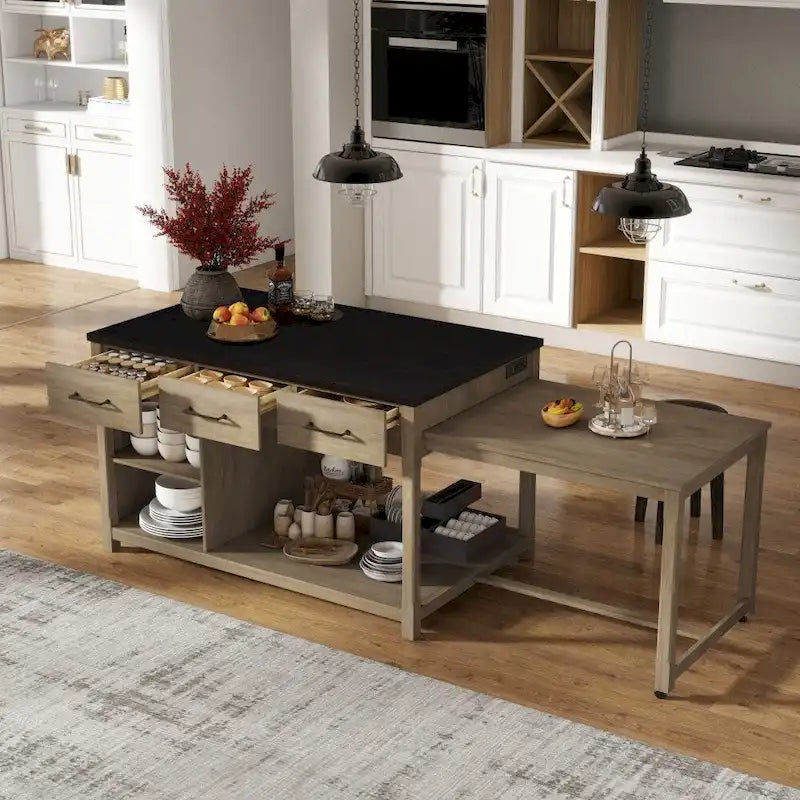 Ilot de cuisine extensible en bois rétro avec prises électriques intégrées et tiroirs
