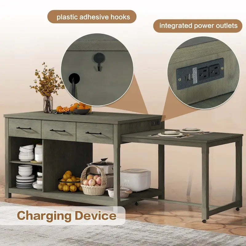 Ilot de cuisine extensible en bois rétro avec prises électriques intégrées et tiroirs