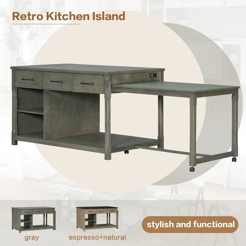Ilot de cuisine extensible en bois rétro avec prises électriques intégrées et tiroirs