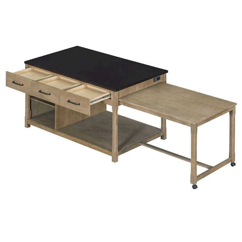 Ilot de cuisine extensible en bois rétro avec prises électriques intégrées et tiroirs