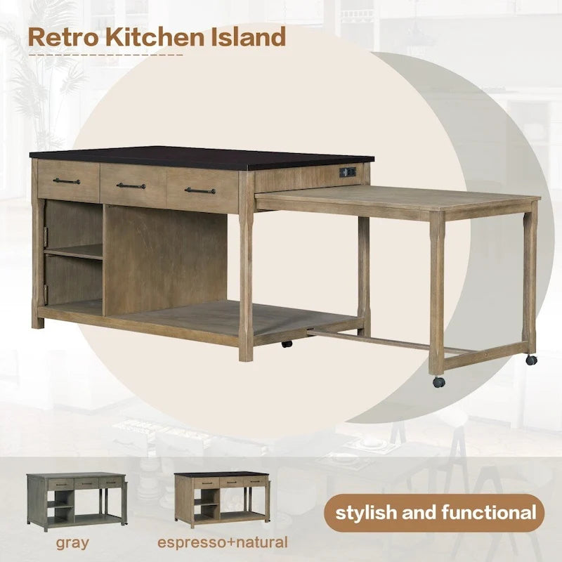 Ilot de cuisine extensible en bois rétro avec prises électriques intégrées et tiroirs