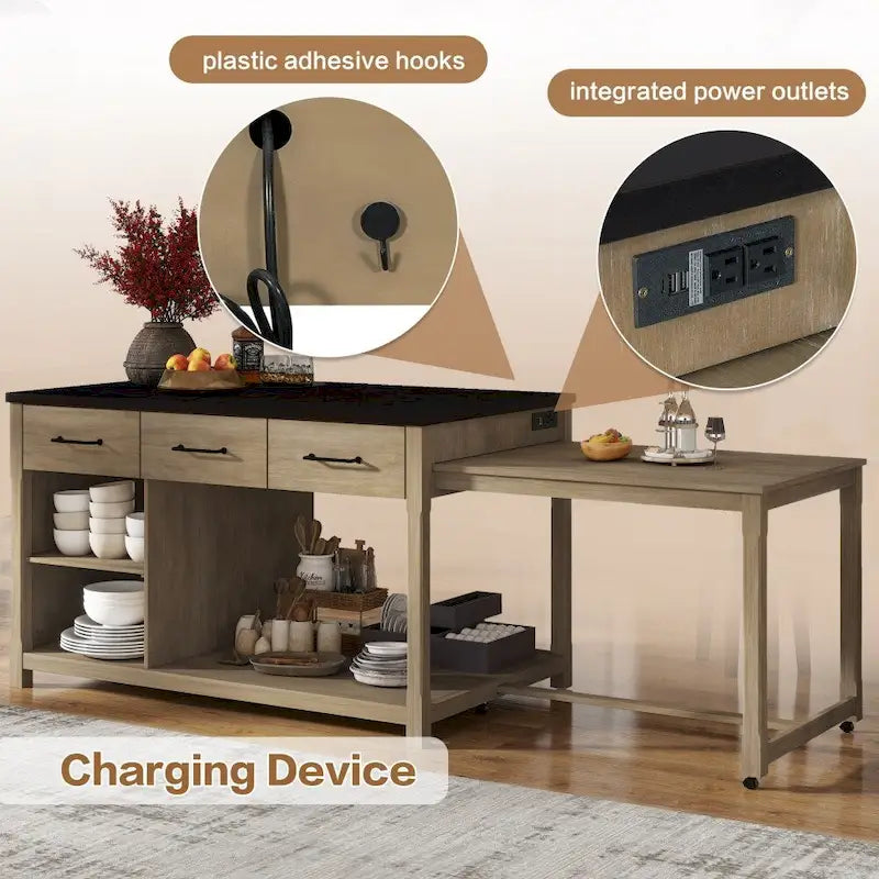 Ilot de cuisine extensible en bois rétro avec prises électriques intégrées et tiroirs