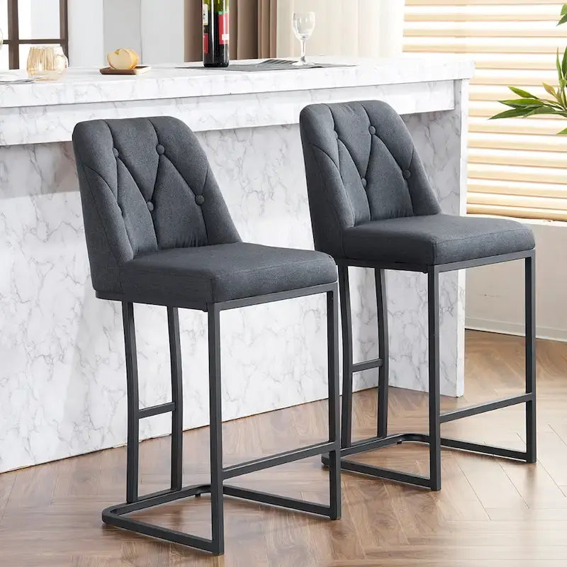Lot de 2 tabourets de bar rembourrés, tabourets de bar hauteur comptoir avec dossier capitonné et structure en métal