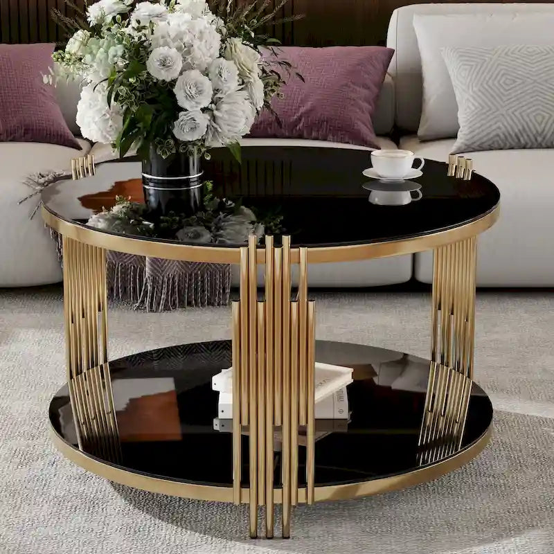 Table basse moderne Black Mirror avec finition dorée et étagère inférieure