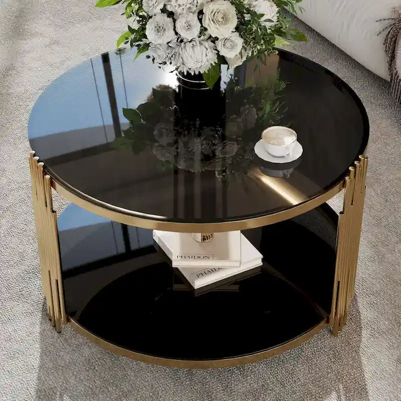 Table basse moderne Black Mirror avec finition dorée et étagère inférieure