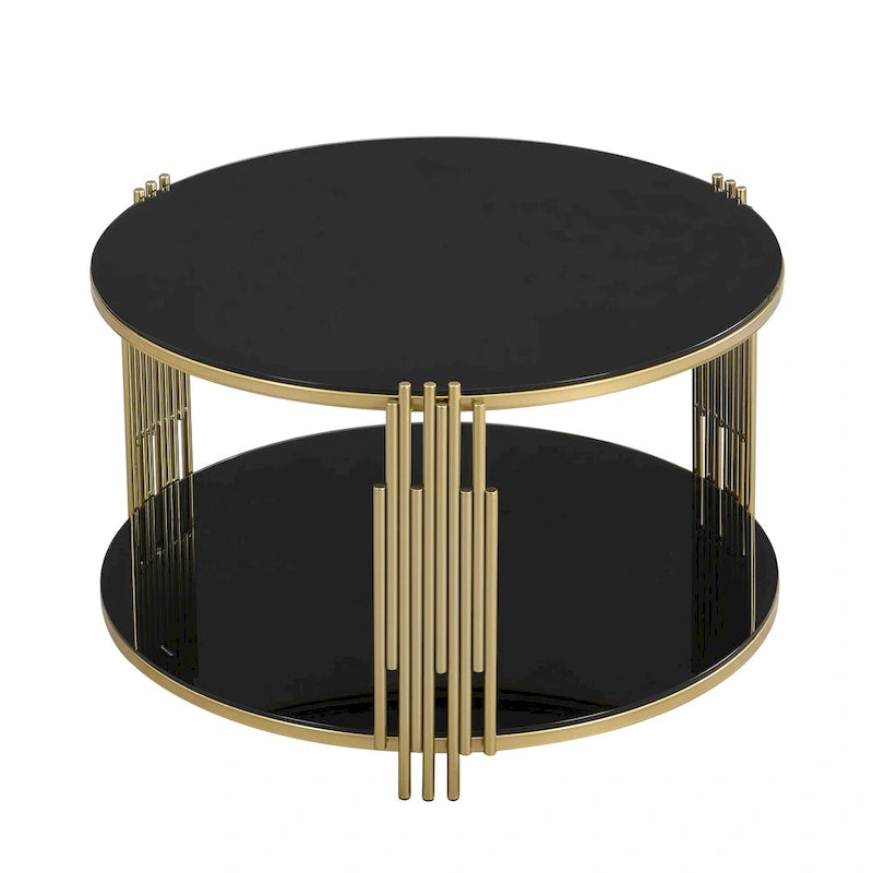 Table basse moderne Black Mirror avec finition dorée et étagère inférieure