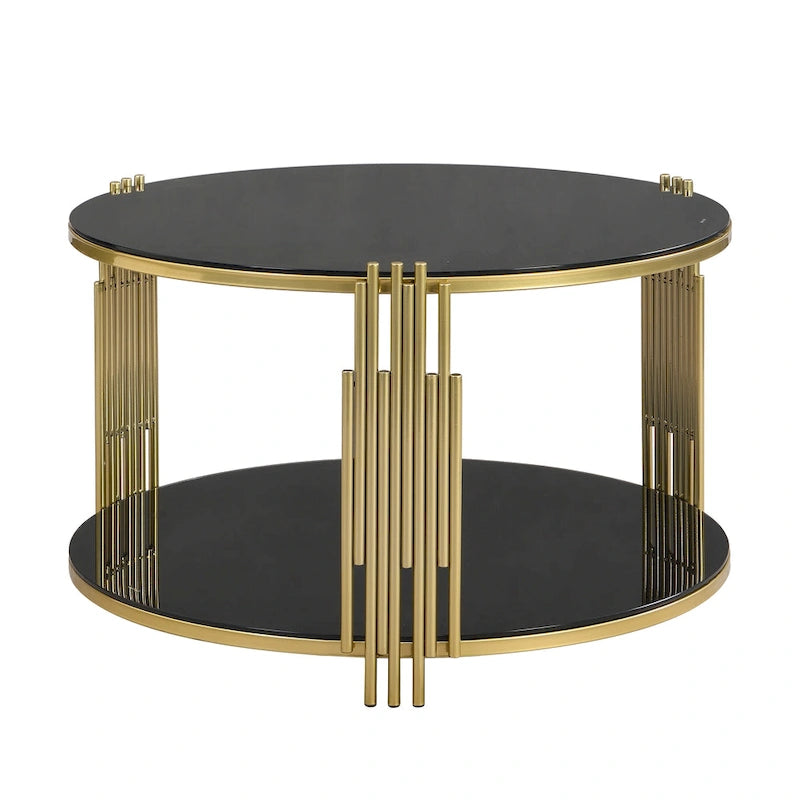 Table basse moderne Black Mirror avec finition dorée et étagère inférieure