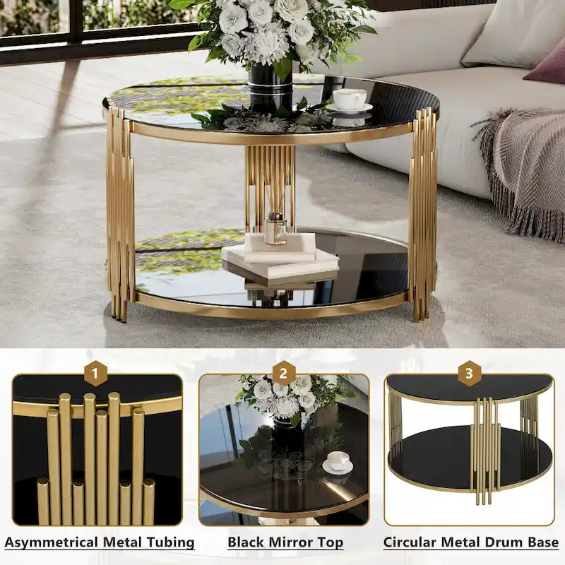 Table basse moderne Black Mirror avec finition dorée et étagère inférieure